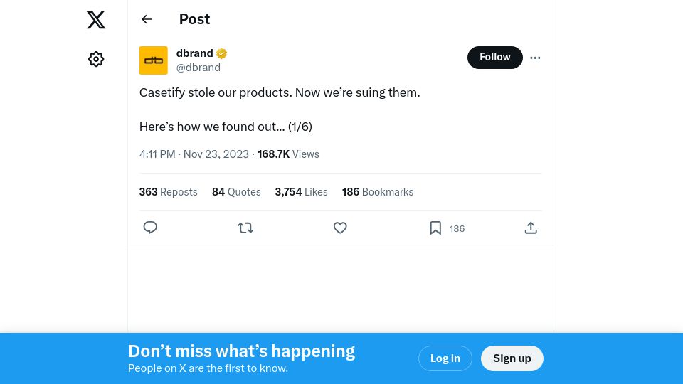 Screenshot of twitter.com: Dbrand Is Suing Casetify