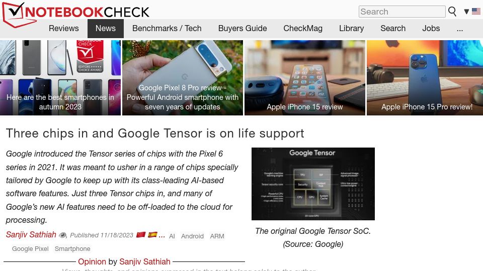 Screenshot of notebookcheck.net: Three chips in and Google Tensor is on life support