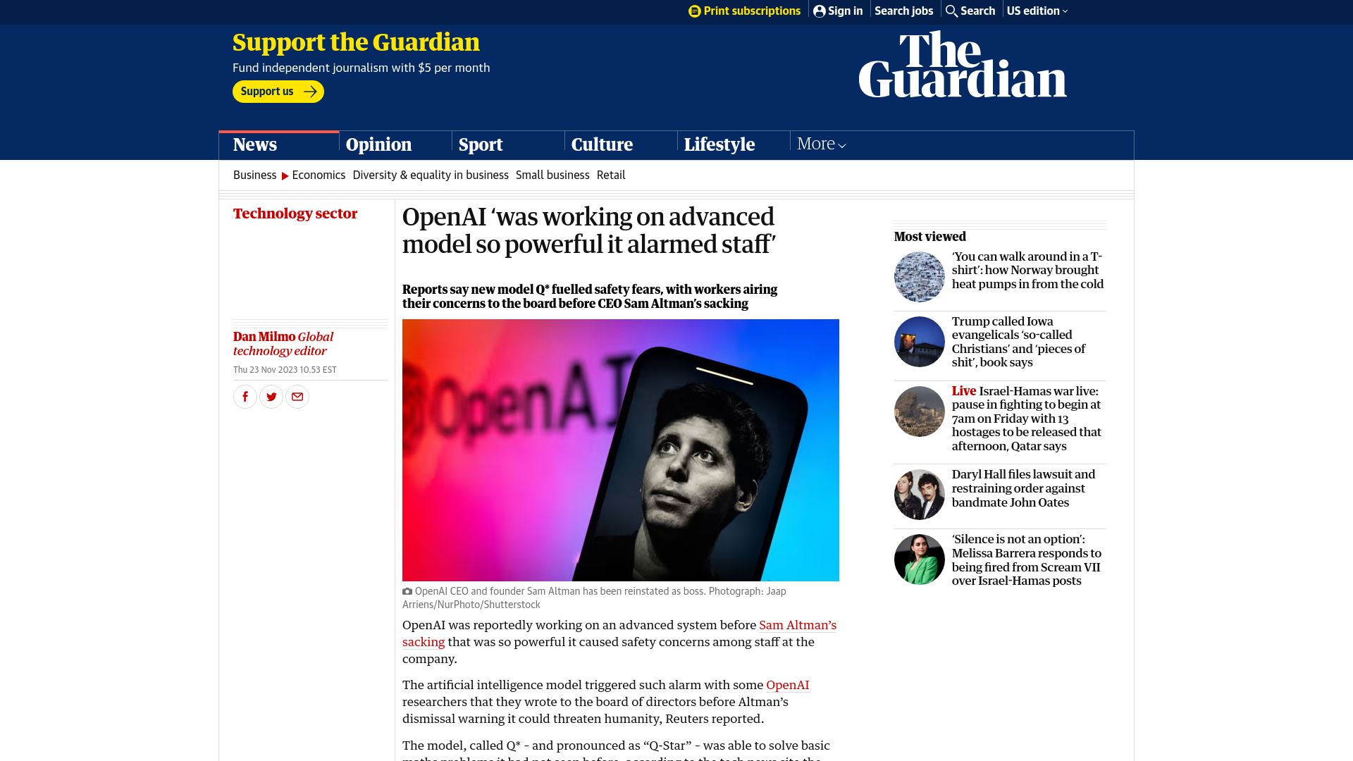 Screenshot of theguardian.com: OpenAI was working on advanced model so powerful it alarmed staff