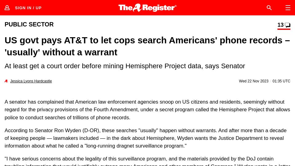 Screenshot of theregister.com: US govt pays AT&T to let cops search Americans' phone records without warrant