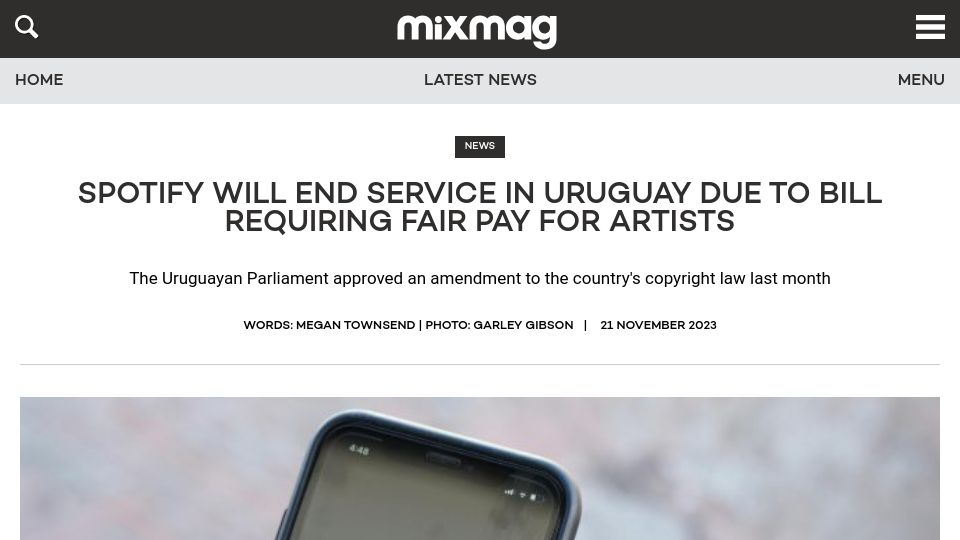 Screenshot of mixmag.net: Spotify will end service in Uruguay due to bill requiring fair pay for artists