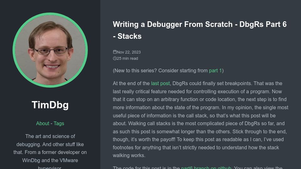 Screenshot of timdbg.com: Writing a Debugger from Scratch: Stacks