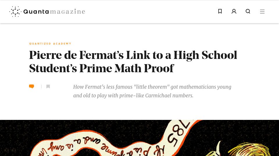 Screenshot of quantamagazine.org: Pierre de Fermat's Link to a High School Student's Prime Math Proof