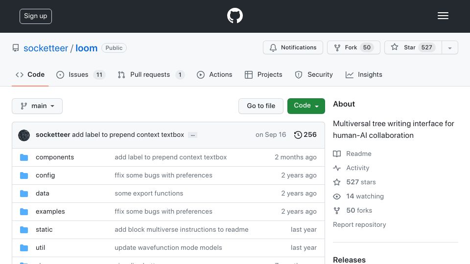Screenshot of github.com: Experimental tree-based writing interface for GPT-3