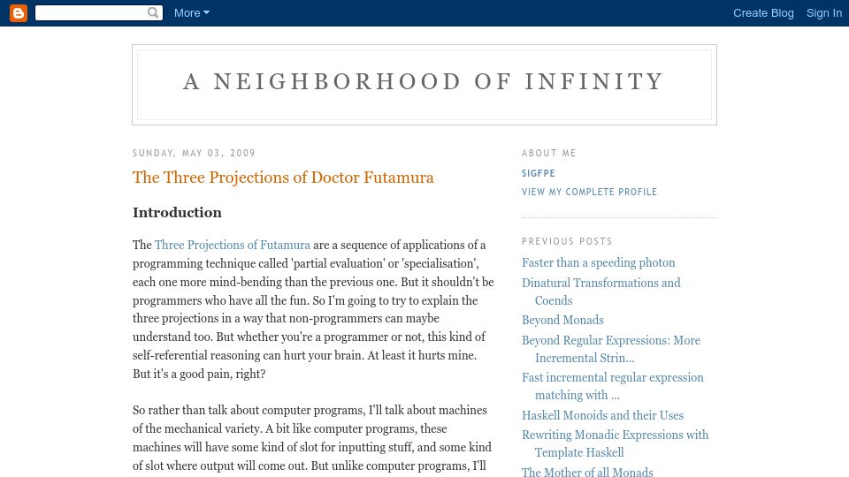Screenshot of blog.sigfpe.com: The Three Projections of Doctor Futamura (2009)