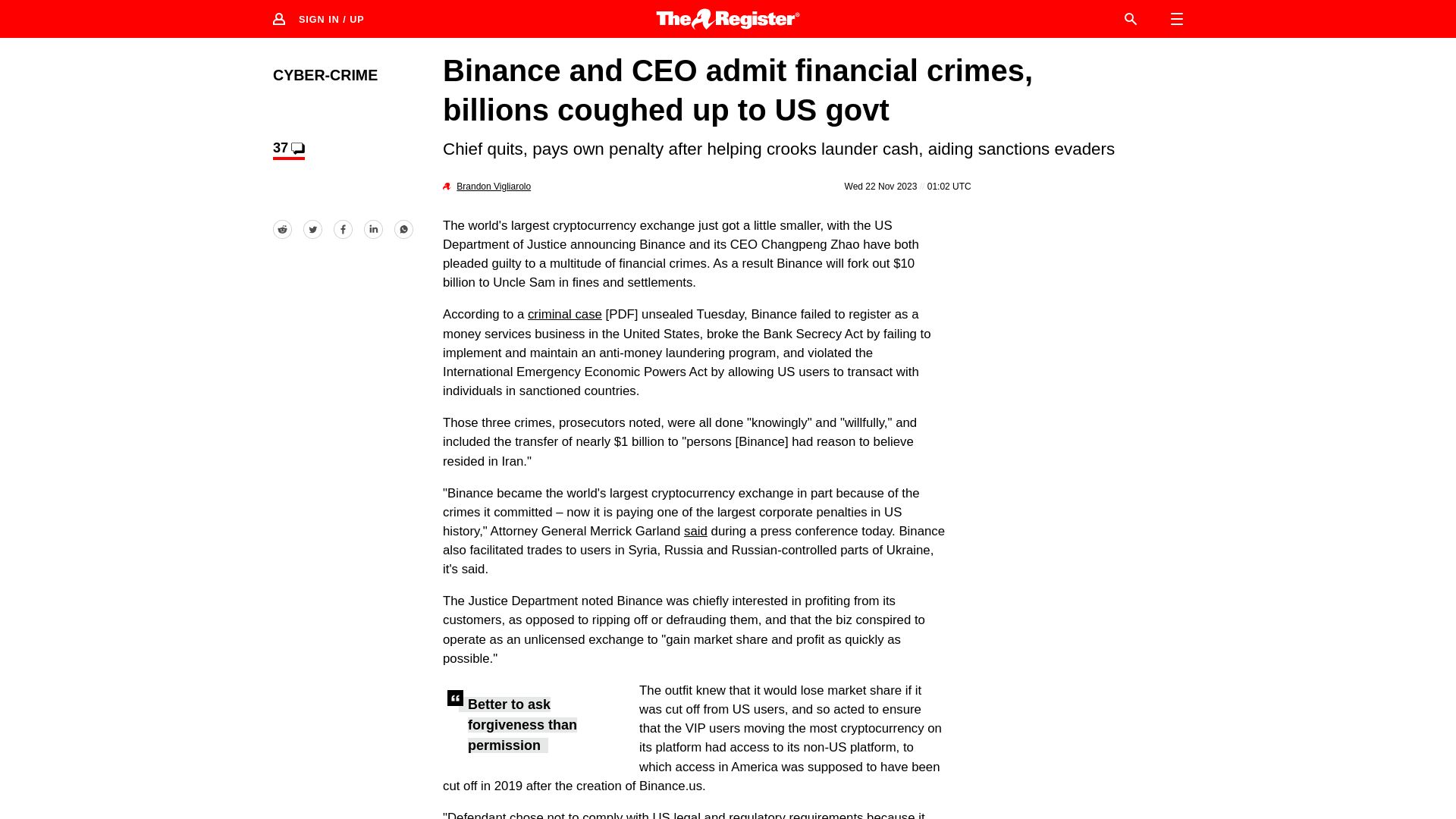 Screenshot of theregister.com: Binance and CEO admit financial crimes, billions coughed up to US govt