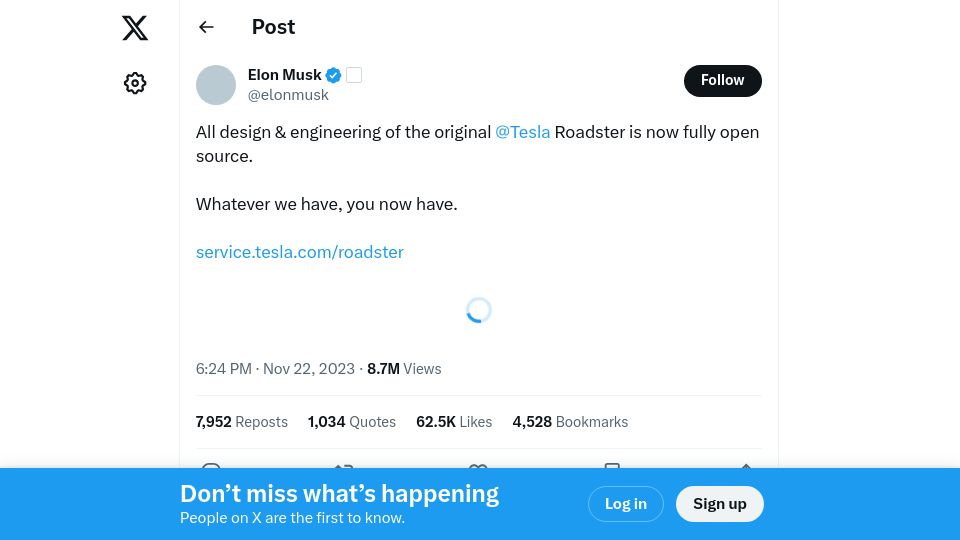 Screenshot of twitter.com: All design and engineering of the original Tesla Roadster is now open source