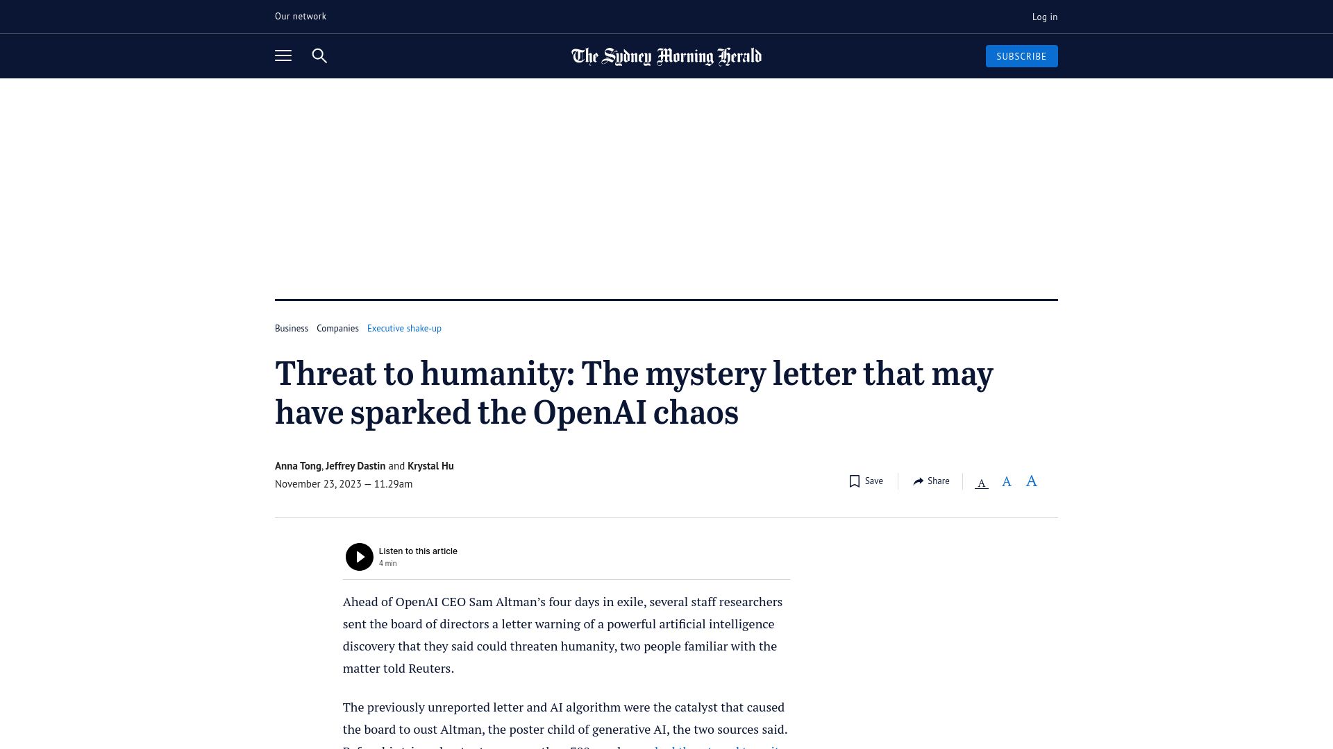 Screenshot of smh.com.au: Threat to humanity: The mystery letter that may have sparked the OpenAI chaos