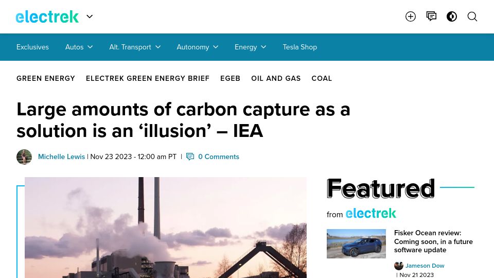 Screenshot of electrek.co: Large amounts of carbon capture as a solution is an 'illusion'