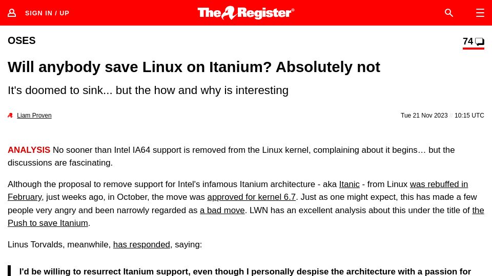 Screenshot of theregister.com: Will anybody save Linux on Itanium? not