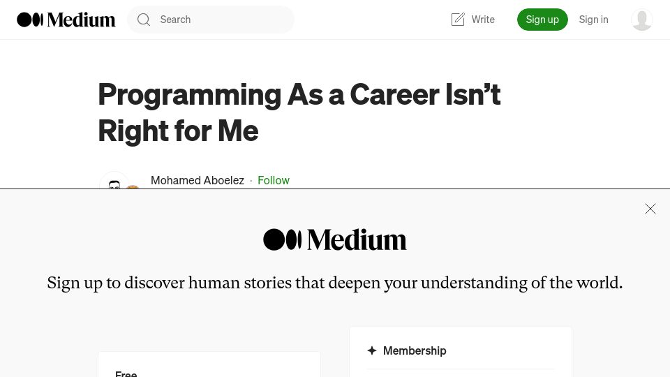 Screenshot of medium.com: Programming as a Career Isn't Right for Me