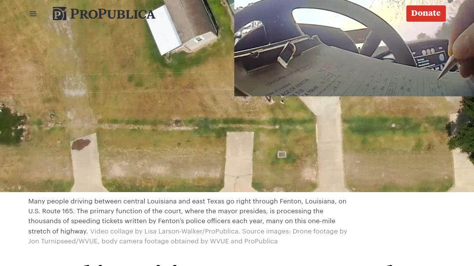 Screenshot of propublica.org: This Louisiana Town Runs Largely on Traffic Fines. The Mayor Is Your Judge.