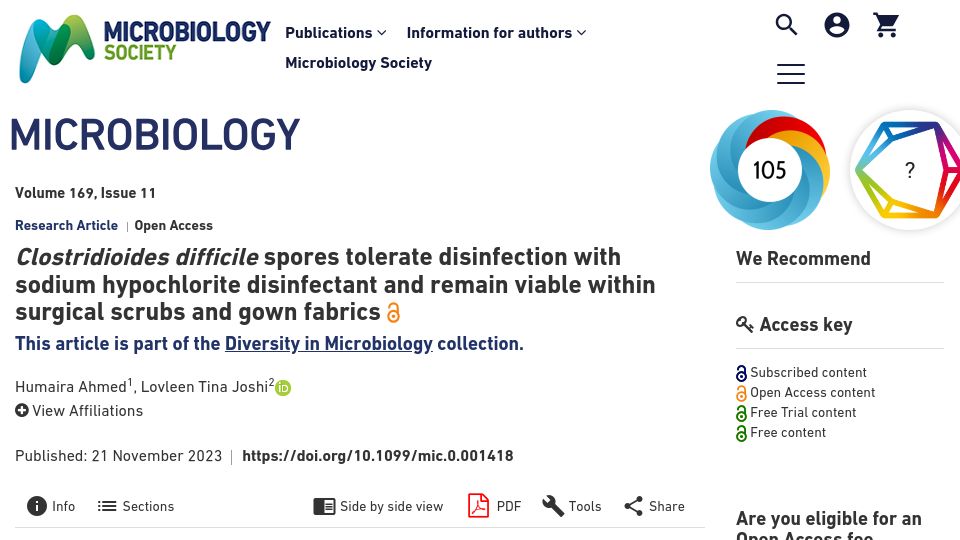 Screenshot of microbiologyresearch.org: C diff spores resist bleach and remain viable on surgical scrubs, fabrics