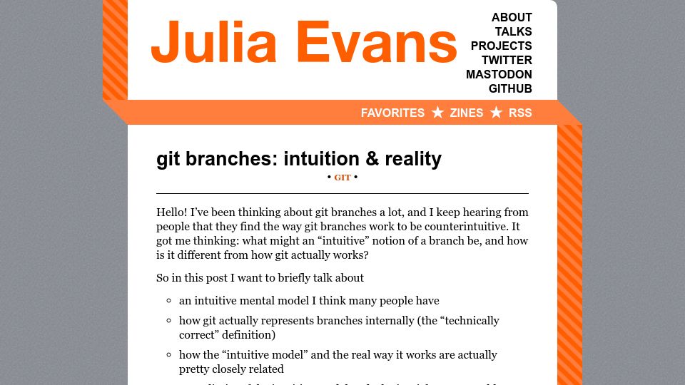 Screenshot of jvns.ca: Git Branches: Intuition and Reality