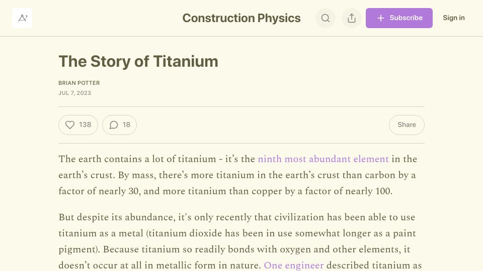 Screenshot of construction-physics.com: The story of titanium