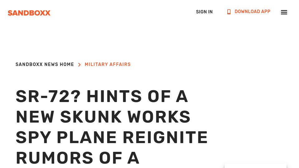 Screenshot of sandboxx.us: Rumours of SR-71 Blackbird Successor from Lockheed's Skunkworks