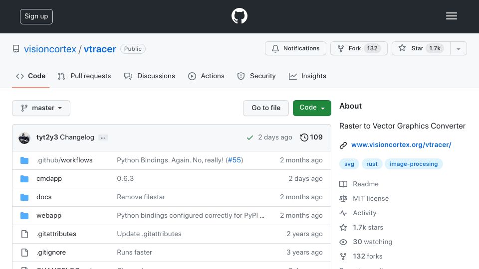 Screenshot of github.com: Vtracer: Next-Gen Raster-to-Vector Conversion