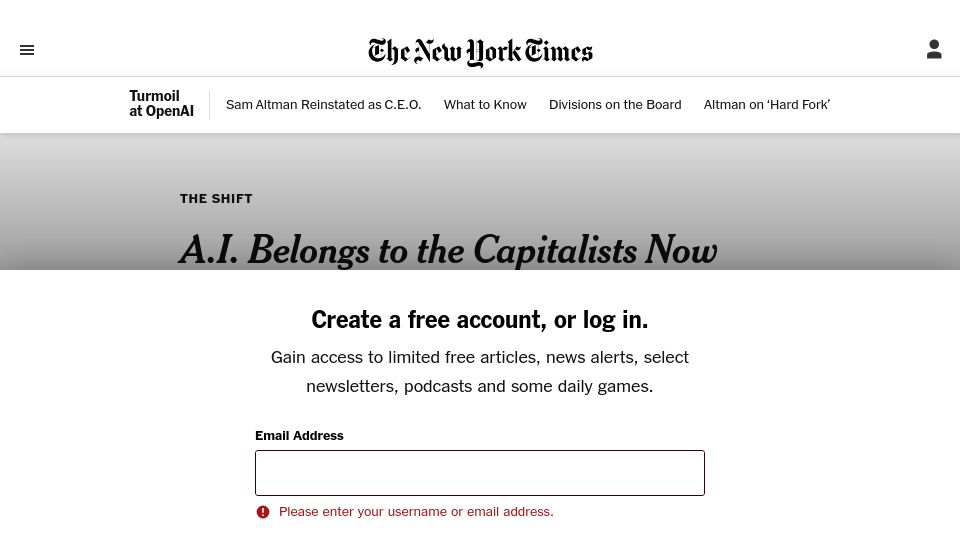 Screenshot of nytimes.com: A.I. Belongs to the Capitalists Now
