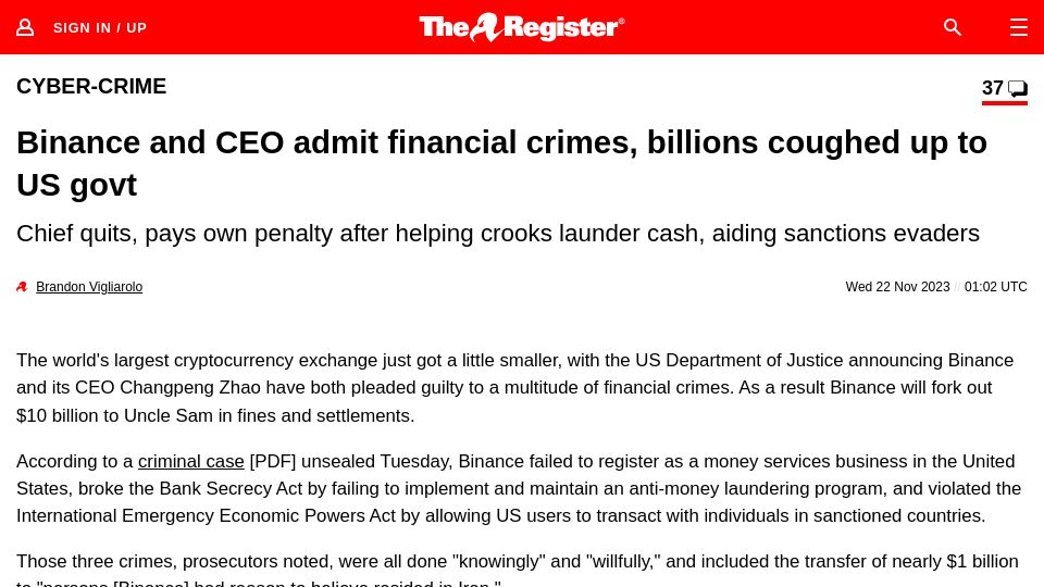 Screenshot of theregister.com: Binance and CEO admit financial crimes, billions coughed up to US govt