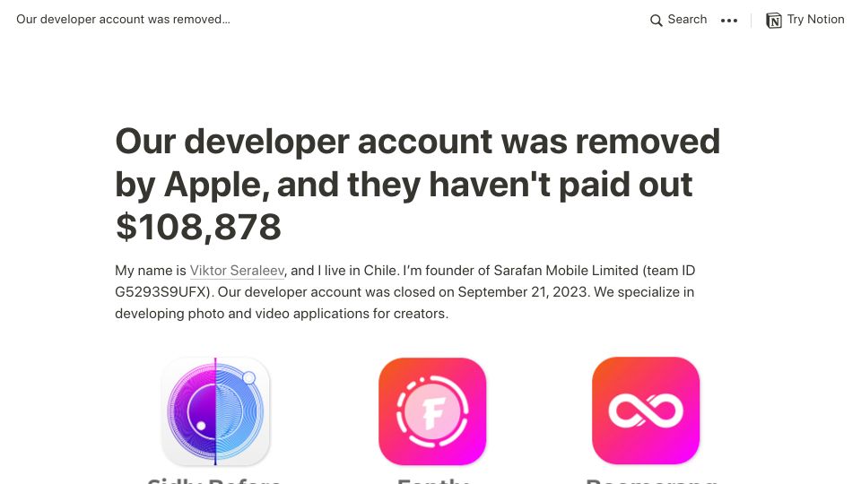 Screenshot of seraleev.notion.site: Developer account removed by Apple