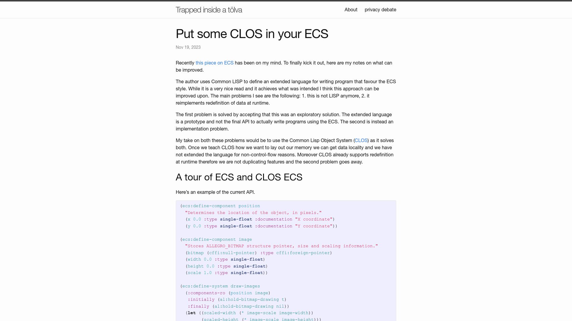 Screenshot of edoput.it: Put some CLOS in your ECS