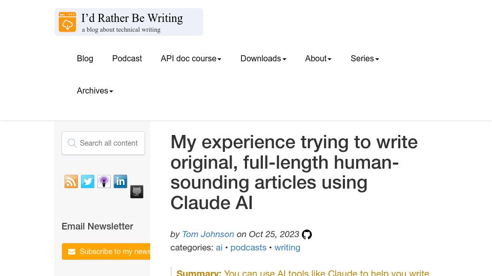 Screenshot of idratherbewriting.com: My experience trying to write human-sounding articles using Claude AI