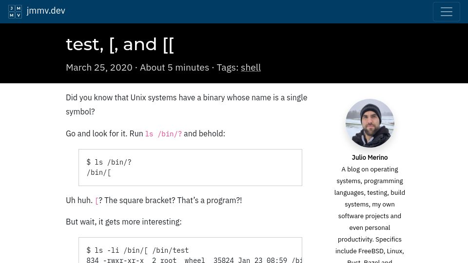 Screenshot of jmmv.dev: test, [, and [[ (2020)