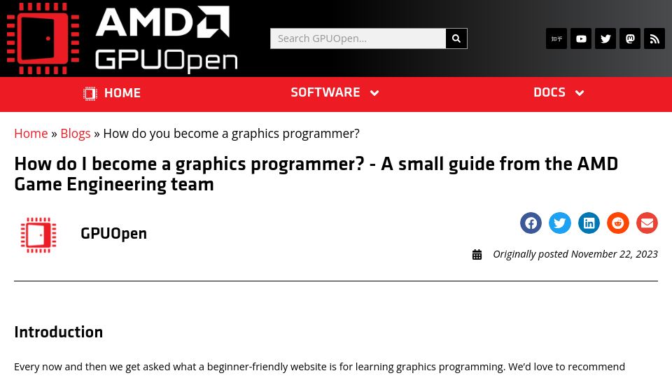 Screenshot of gpuopen.com: How do I become a graphics programmer?