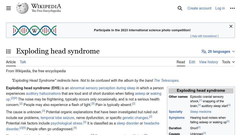 Screenshot of en.wikipedia.org: Exploding Head Syndrome