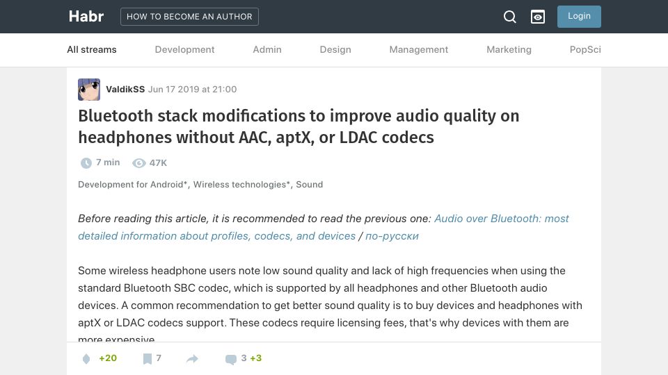 Screenshot of habr.com: Bluetooth stack modifications to improve audio quality on headphones without AA (2019)