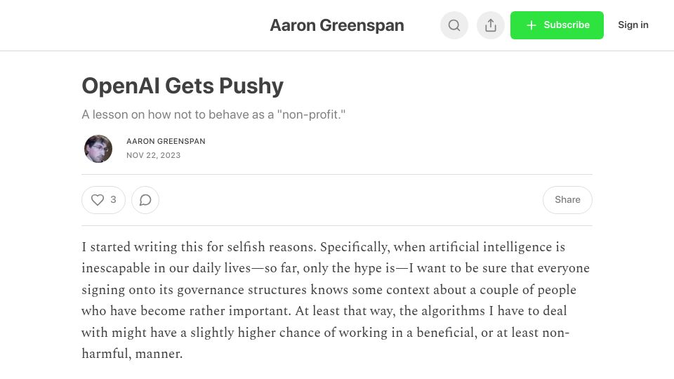 Screenshot of aarongreenspan.substack.com: OpenAI Shoves a Data Journalist and Violates Federal Law