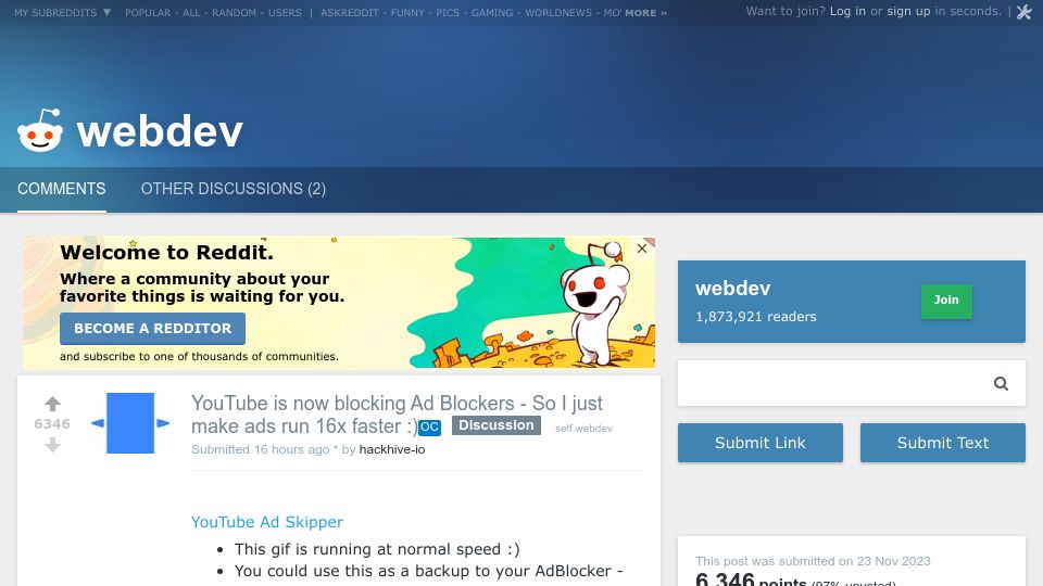 Screenshot of old.reddit.com: YouTube is now blocking ad blockers so I make ads run faster