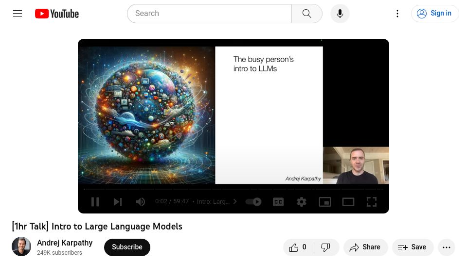 Screenshot of youtube.com: Intro to Large Language Models [Video]