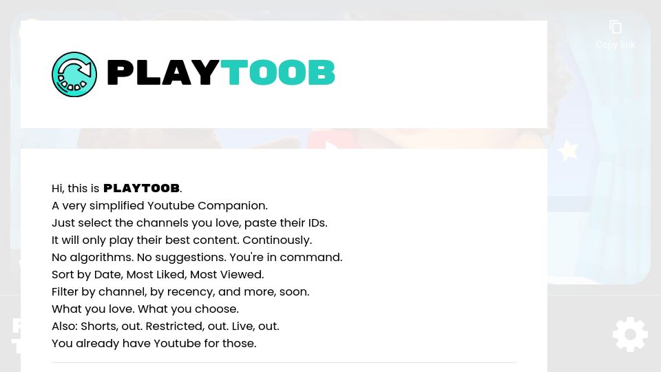 Screenshot of playtoob.com: Launched Playtoob, a simple YouTube companion, because my 5yo daughter loves it