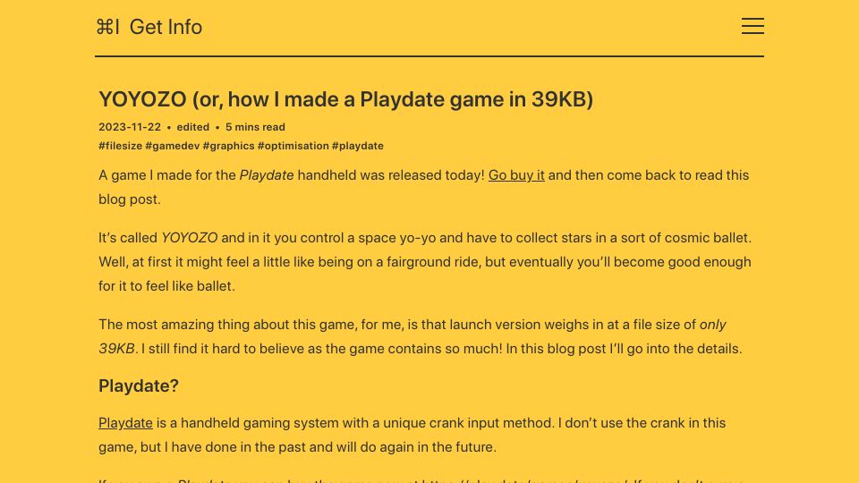 Screenshot of blog.gingerbeardman.com: Yoyozo: How I made a Playdate game in 39k