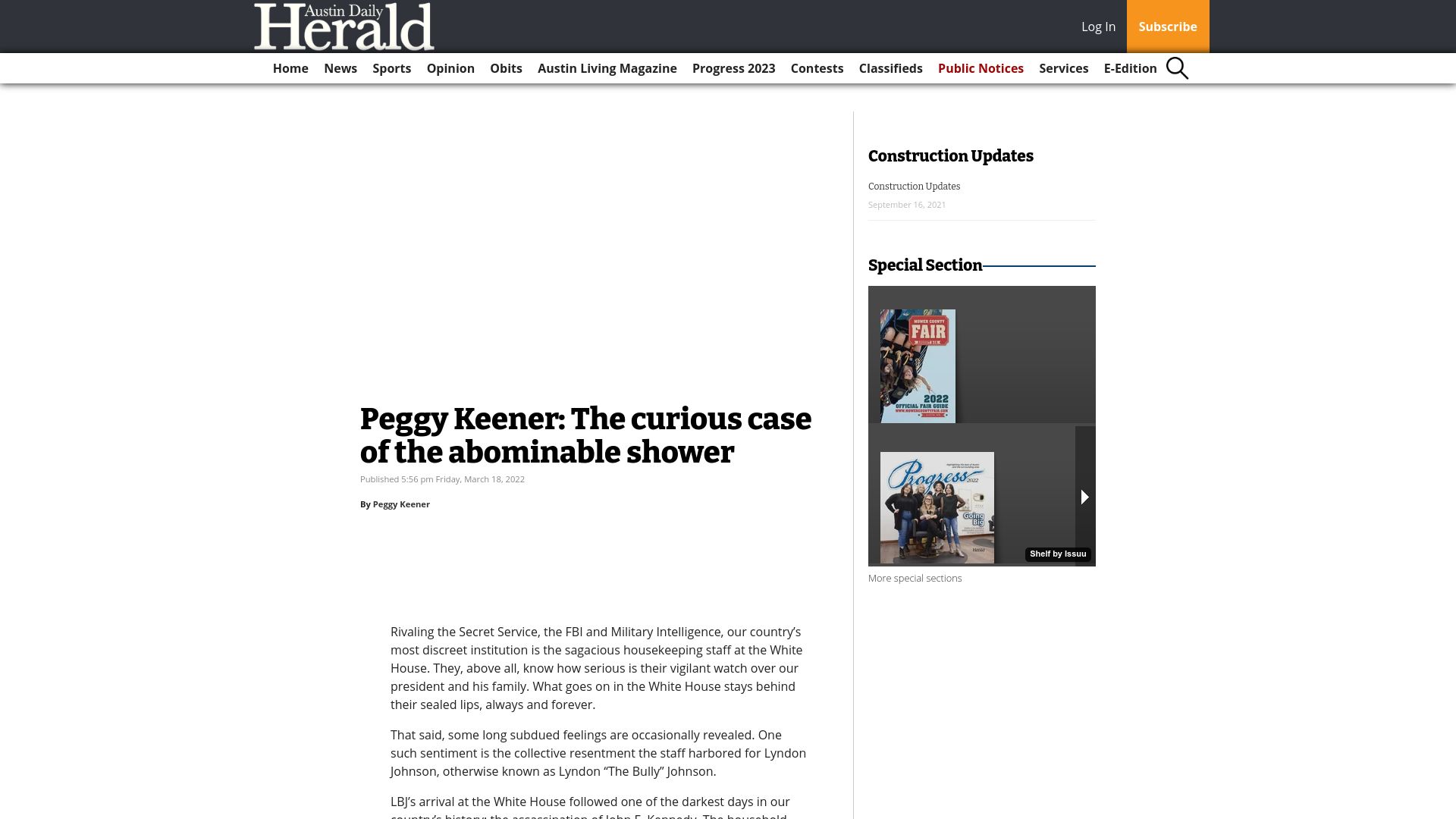 Screenshot of austindailyherald.com: The curious case of the abominable shower