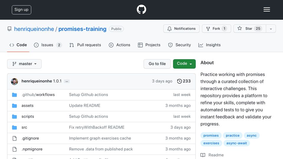 Screenshot of github.com: Promises Training: Practical Exercises on Promises in JavaScript