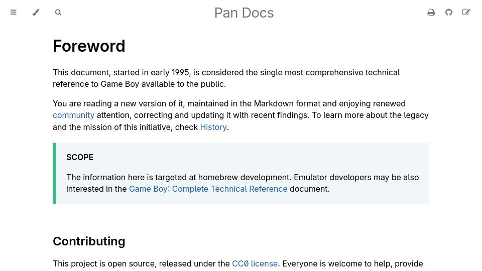 Screenshot of gbdev.io: Gameboy technical reference for homebrew developers
