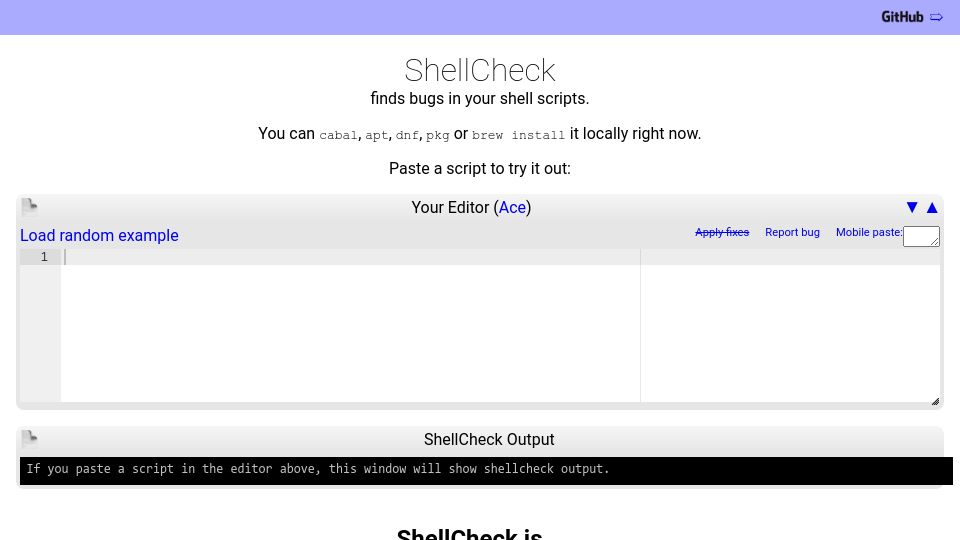 Screenshot of shellcheck.net: Shellcheck finds bugs in your shell scripts