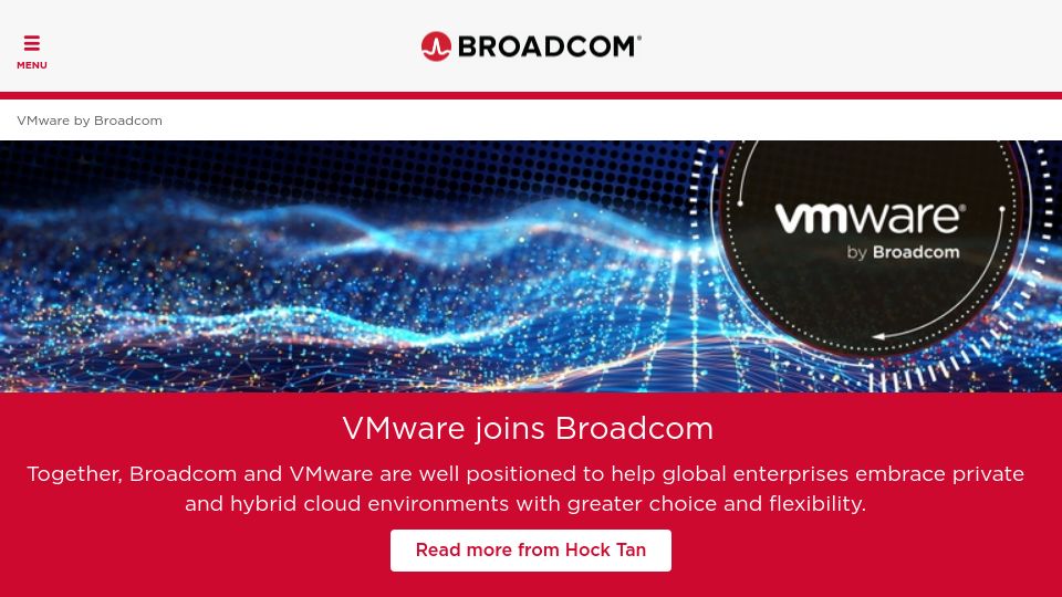 Screenshot of broadcom.com: VMware is now part of Broadcom