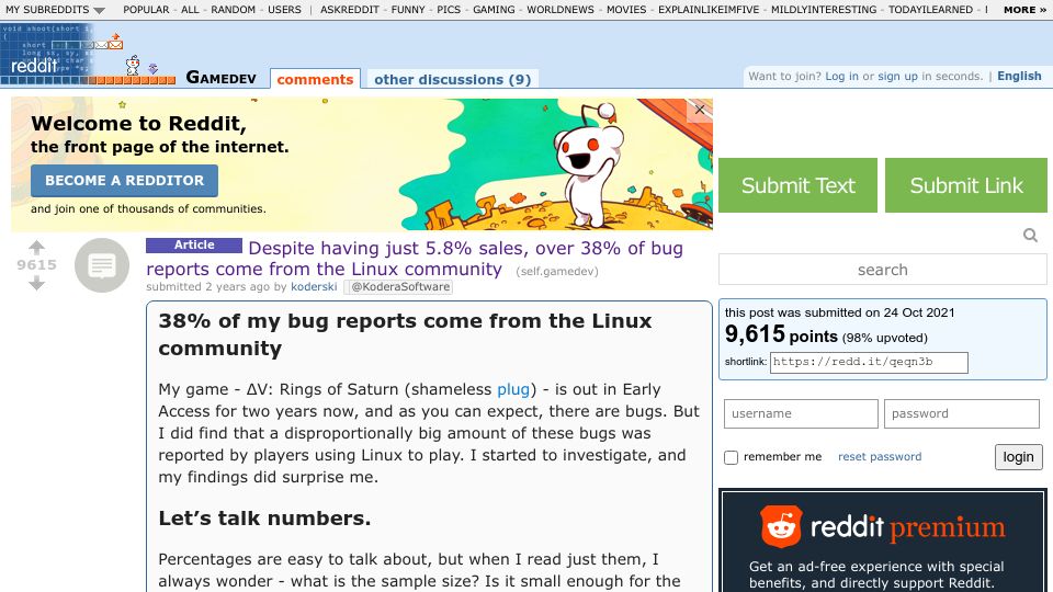 Screenshot of old.reddit.com: Despite just 5.8% sales, over 38% of bug reports come from the Linux community (2021)