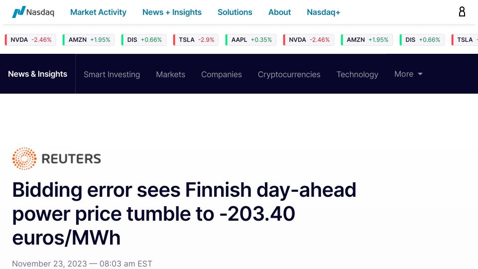 Screenshot of nasdaq.com: Bidding error sees Finnish day-ahead power price tumble to -203.40 euros/MWh