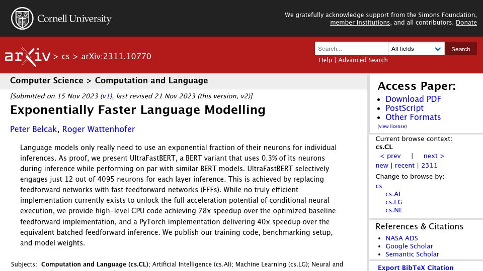 Screenshot of arxiv.org: Exponentially faster language modelling