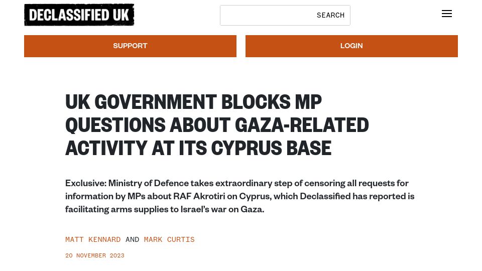 Screenshot of declassifieduk.org: UK government blocks MP questions about Gaza-related activity at its Cyprus base