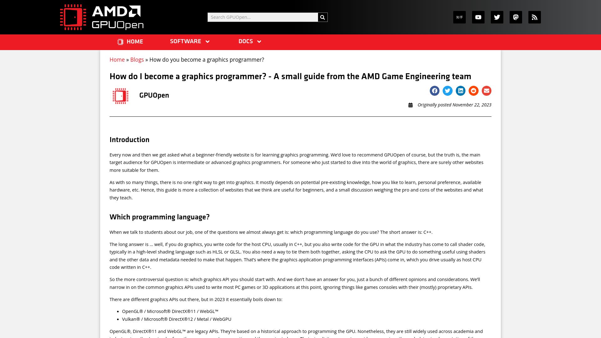 Screenshot of gpuopen.com: How do I become a graphics programmer?