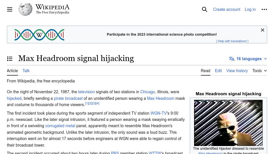 Screenshot of en.wikipedia.org: Max Headroom Signal Hijacking