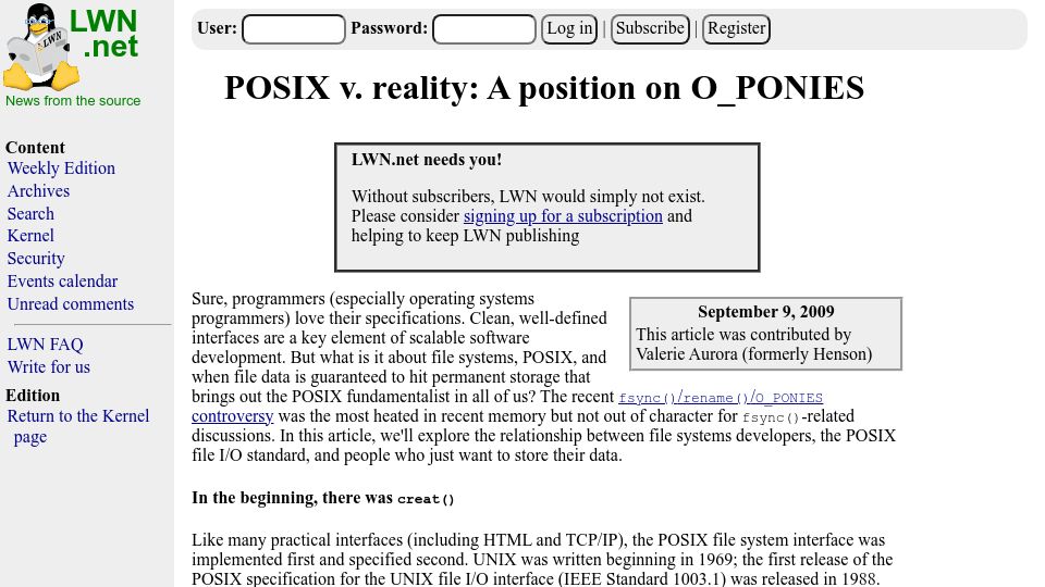 Screenshot of lwn.net: POSIX v. reality: A position on O_PONIES (2009)
