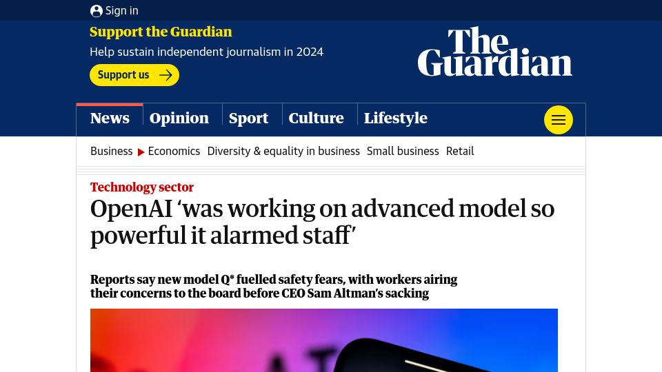 Screenshot of theguardian.com: OpenAI was working on advanced model so powerful it alarmed staff