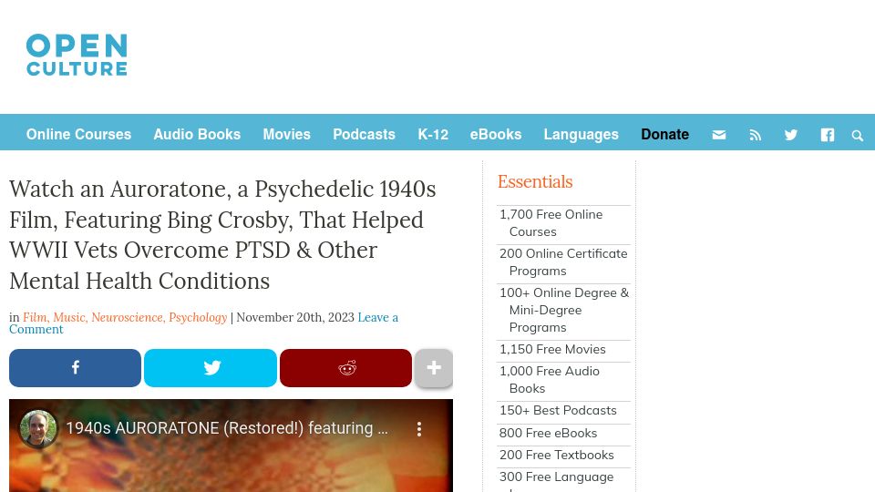 Screenshot of openculture.com: Auroratone, a psychedelic 1940s film that helped WWII vets overcome PTSD