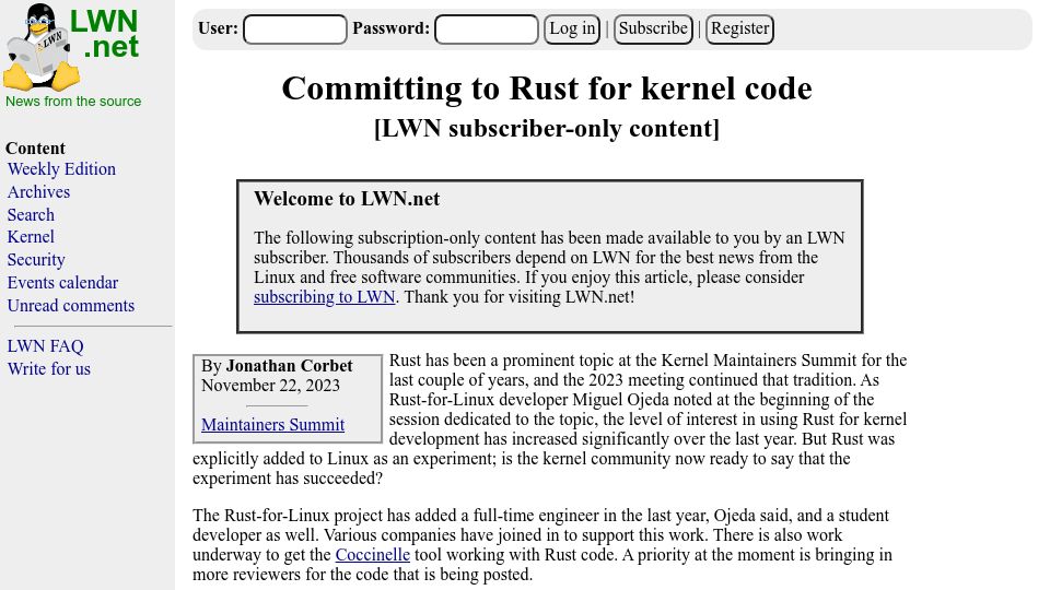 Screenshot of lwn.net: Committing to Rust for Kernel Code